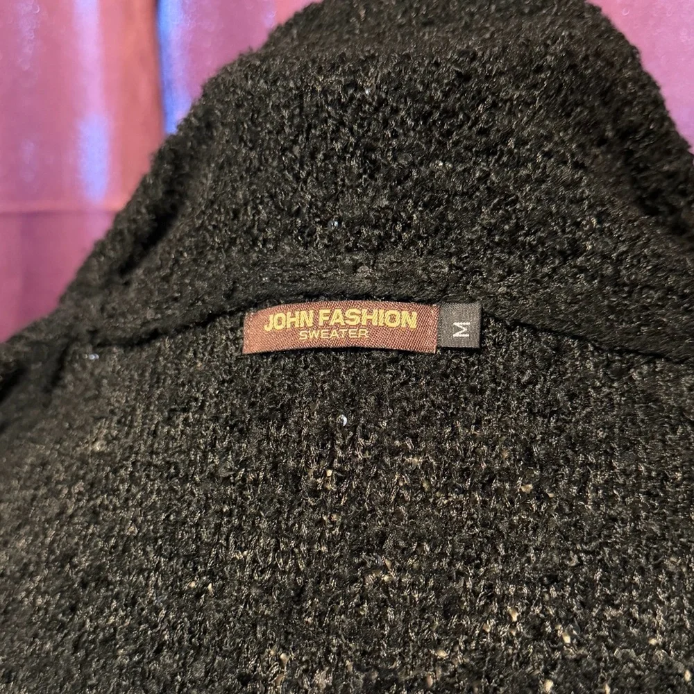 John Fashion Open Cardigan Sweater Sequin Faux Trim Black Sparkle